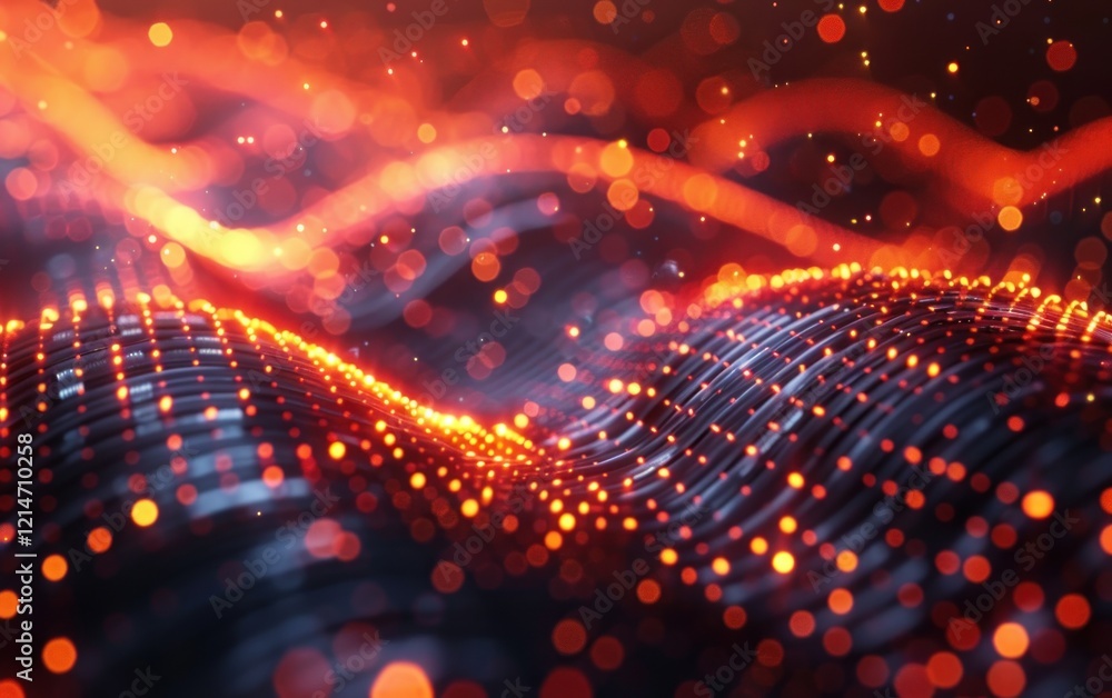 Poster dynamic glowing waves abstract background with orange and red particles