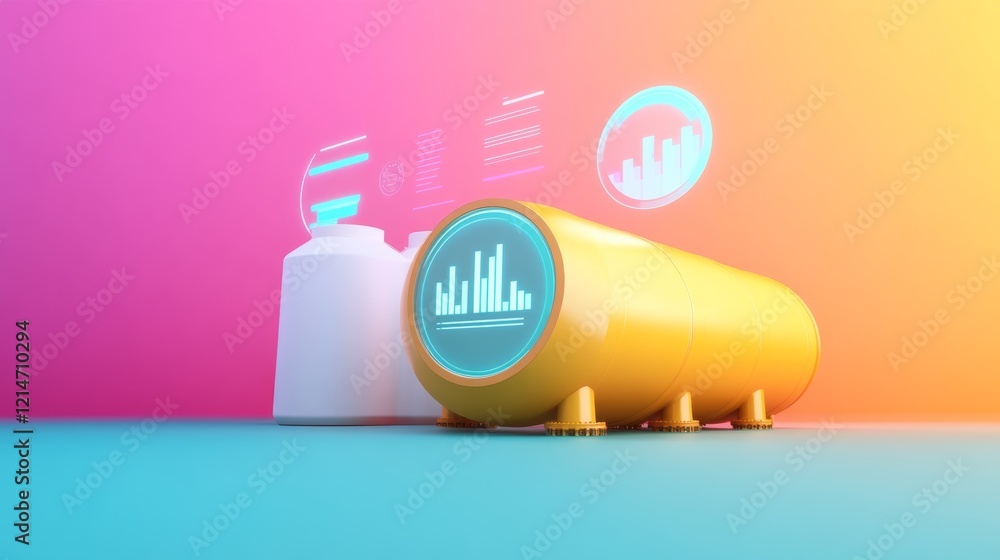Aufkleber a vibrant, modern illustration featuring a yellow cylindrical object with data visualizations agains
