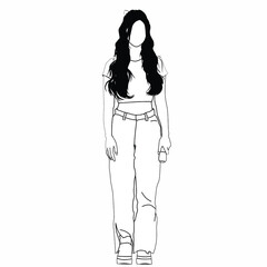Line art illustration of a woman with wavy long hair, wearing casual attire, projected onto a clean background. Perfect 