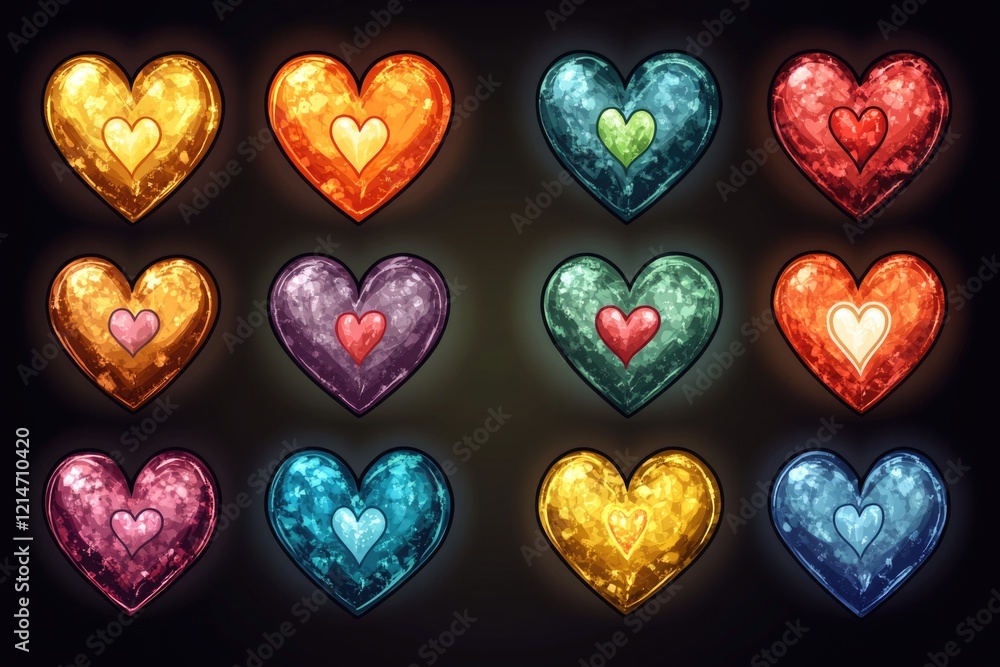 Poster a set of colorful hearts against a dark backdrop, ideal for use in design projects and social media 