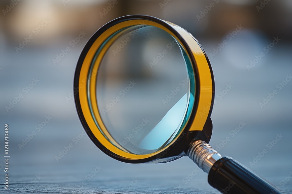 Poster a close-up view of a magnifying glass on a table, useful for highlighting small details or adding a 