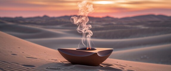 Unique aromatic burner emits fragrant smoke in the serene sand dunes during sunset in the desert landscape