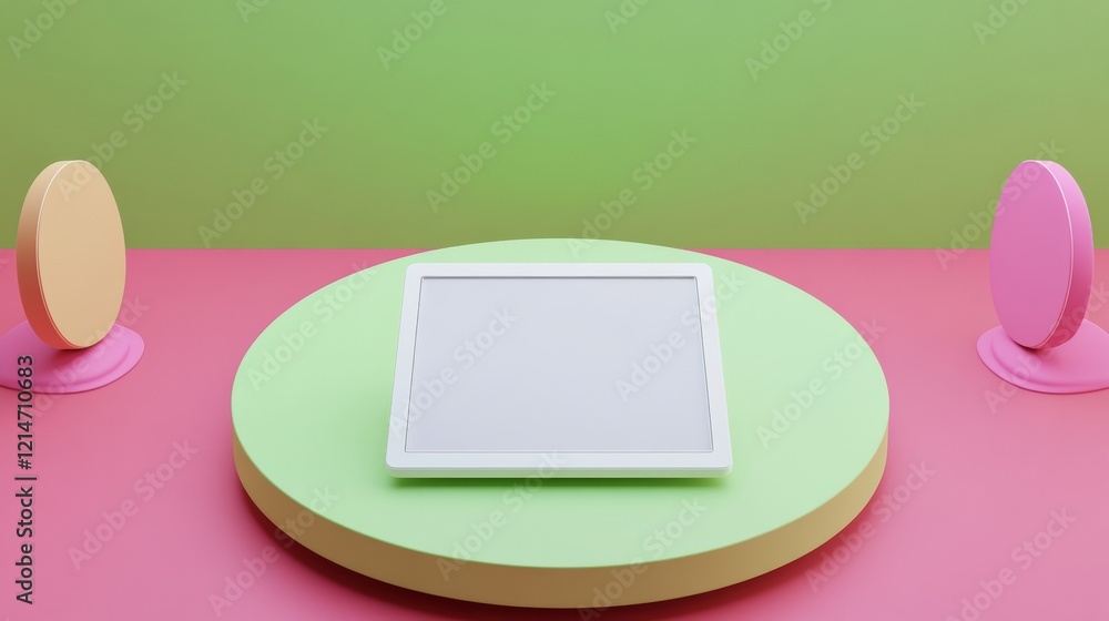 Poster a minimalist display featuring a blank frame on a circular pedestal, surrounded by colorful stands a