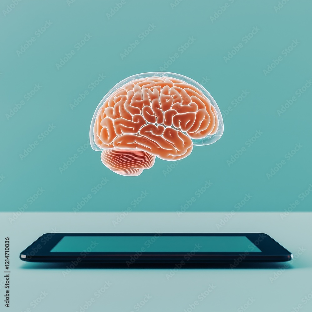 Poster memory retrieval systems concept. a digital brain hovering above a tablet on a blue background.