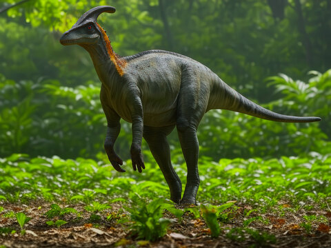 Parasaurolophus, Herbivorous hadrosaur dinosaur from North America. Notable for its long, backward-curving crest. Likely used for communication
