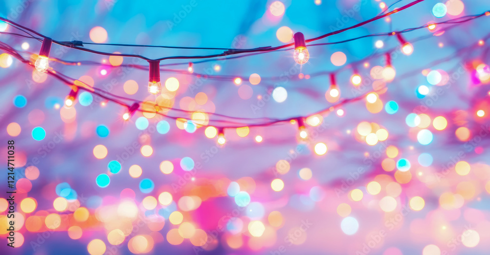 Poster glowing string lights and colorful bokeh at dusk