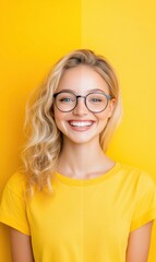 Obraz premium Smiling Young Woman with Curly Hair and Glasses Against Bright Yellow Background in Casual Outfit