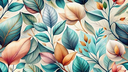 Fototapeta premium Aerial Luxury Floral Pattern: Minimalist Linear Hand-Drawn Leaves Abstract Background
