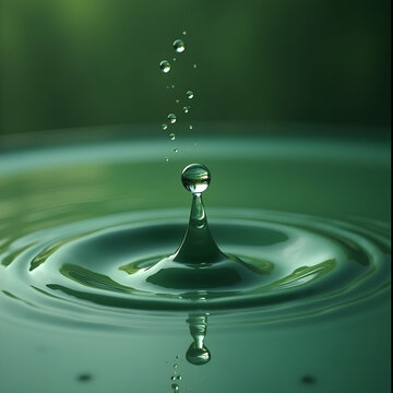 Une goutte d&rsquo;eau cr&eacute;ant des ondulations dans une eau calme, sur un fond vert doux et flou.