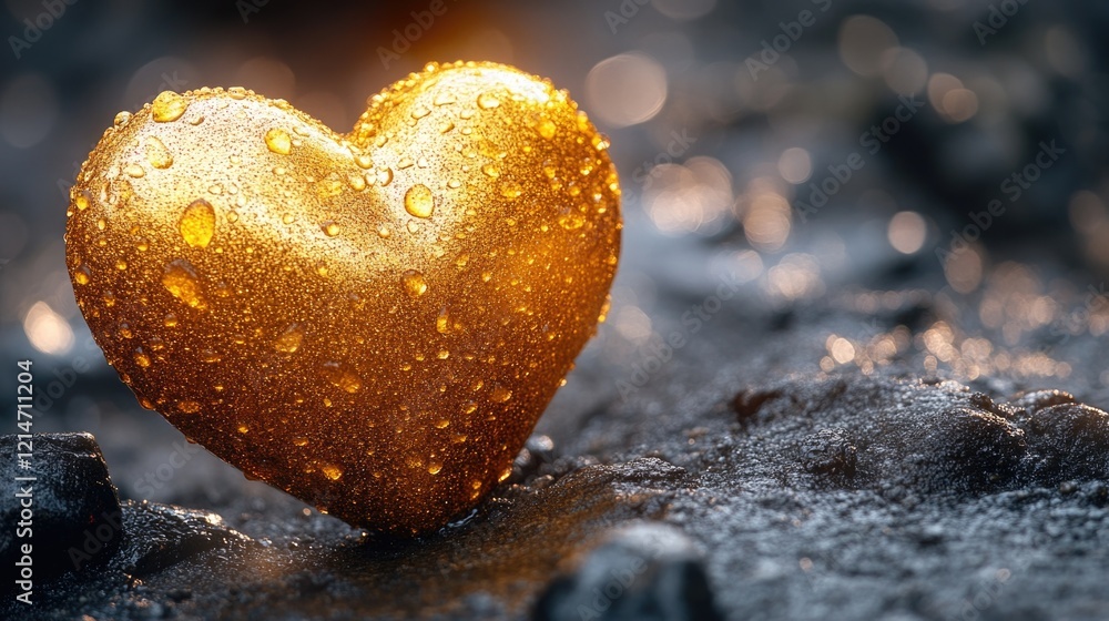 Poster a golden heart-shaped object sits atop a rock, ready for use in various contexts