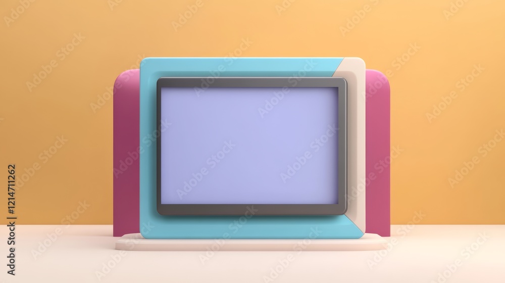 Poster a colorful, retro-inspired display device on a minimalist surface against a warm background, showcas