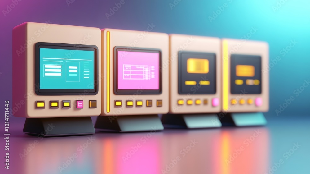 Poster retro-styled computer monitors with bright screens, showcasing colorful displays against a vibrant g