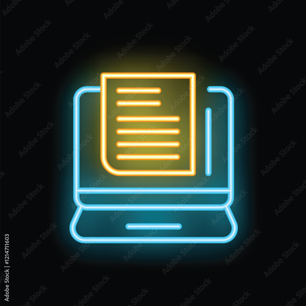 Poster neon icon of a document file displaying on a laptop screen, representing online document access and 