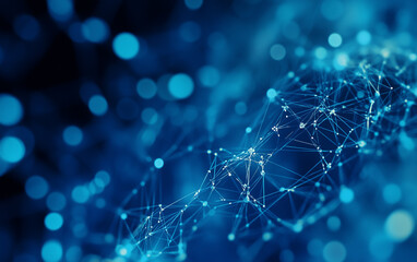 An abstract, geometric shape made of lines and dots, with glowing particles on a dark background