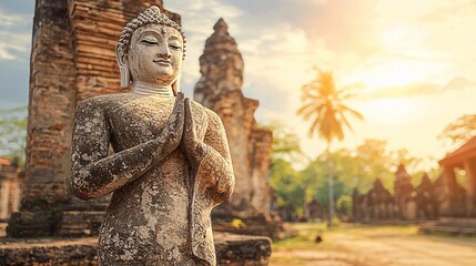 Fototapeta premium statue with hands in a mudra gesture against a temple background Buddha statue in Mahayana Buddhism 