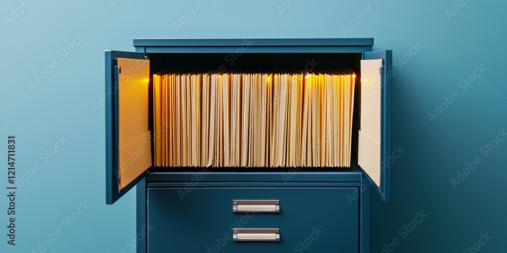Poster memory retrieval systems concept. a stylish filing cabinet with illuminated folders inside.