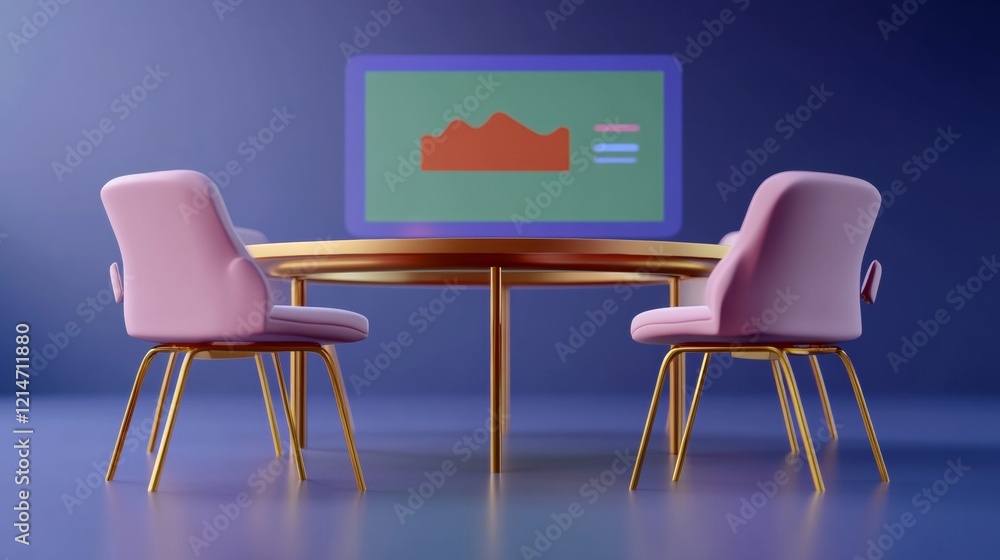 Poster a modern meeting setup featuring a round table, two pink chairs, and a computer screen displaying a 