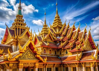 Fototapeta premium Thailand Temple Architecture: Golden Roof, Intricate Details, Ancient History, Southeast Asia Travel