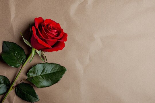 Brown background valentine s day concept. A vibrant red rose on a textured brown background.