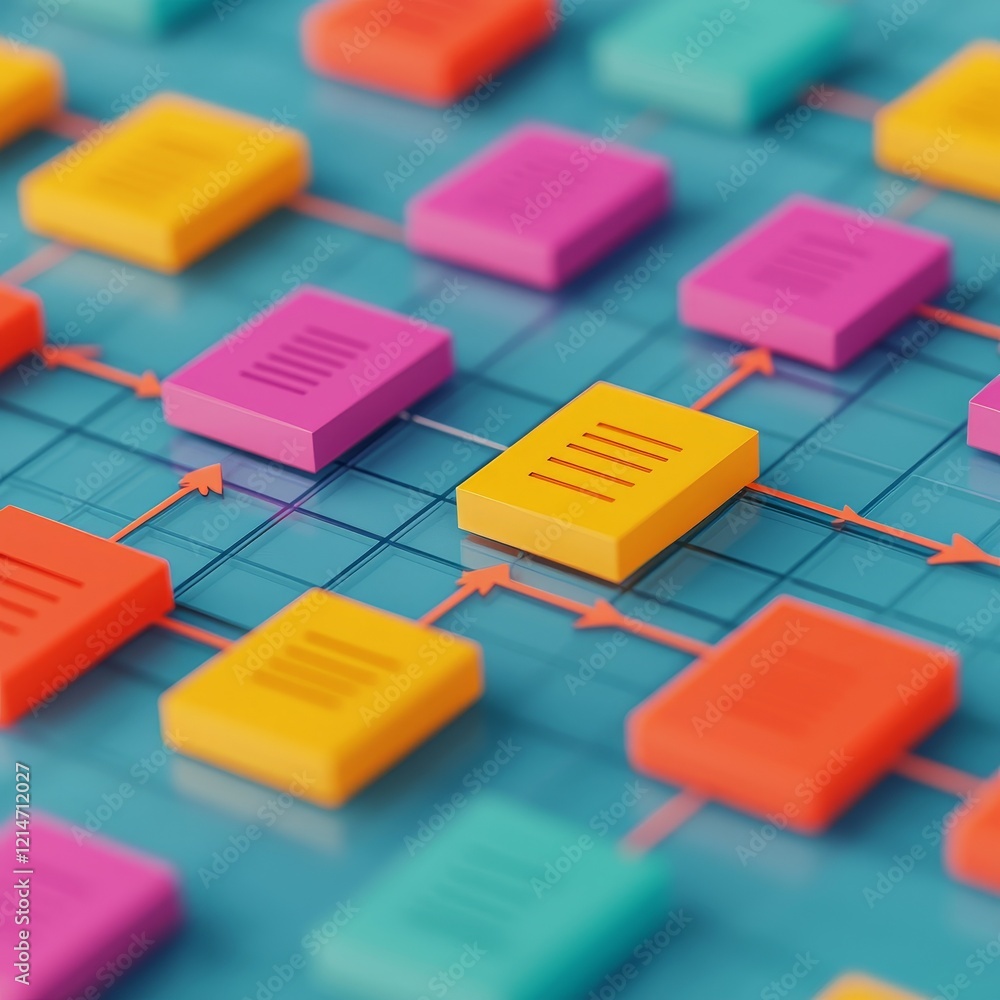 Poster planning mechanisms development concept. abstract colorful blocks on a grid, illustrating a network 