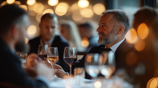 Businesspeople enjoy dinner in elegant setting. Professionals socialize, network over drinks. Discussion, collaboration ongoing. Upscale restaurant ambiance present. Group of people in formal wear.