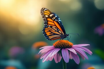 Fototapeta premium Stunning Close-Up of a Monarch Butterfly Resting on a Vibrant Coneflower in a Softly Lit Garden Setting