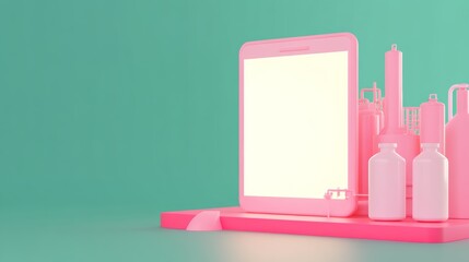 A stylish pink tablet next to various bottles, set against a vibrant teal background, creating a modern and playful aesthetic.