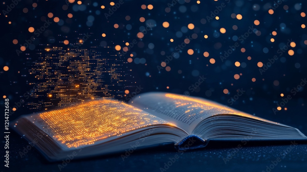 Poster memory retrieval systems concept. an open book with glowing particles floating above it.