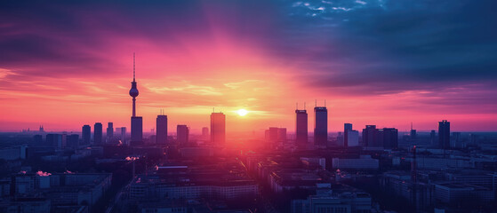 Vivid sunset skyline of Berlin with glowing colors and distant structures