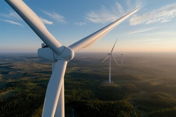 An aerial view of a wind farm featuring several turbines rotating gracefully in harmony with the lush green fields under a bright blue sky.