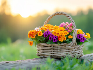 Beautiful Colorful Flowers in a Woven Basket with Natural Background at Sunrise