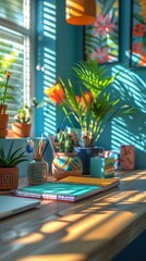 There are many potted plants on a desk in a room, vertical background