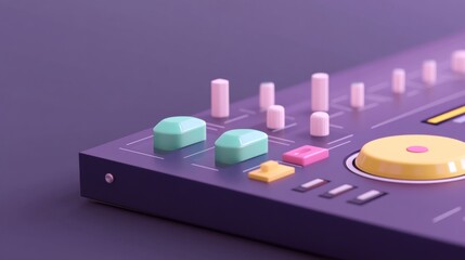 A colorful audio mixer interface featuring knobs and buttons, set against a soft purple background, ideal for music production and sound design.