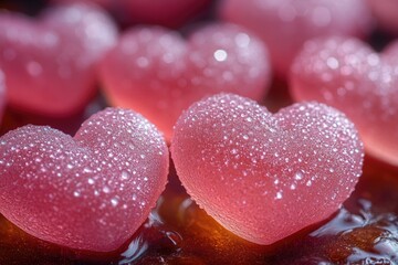 Obraz premium Close-up shot of a cluster of pink gummy hearts, ideal for romantic or playful uses