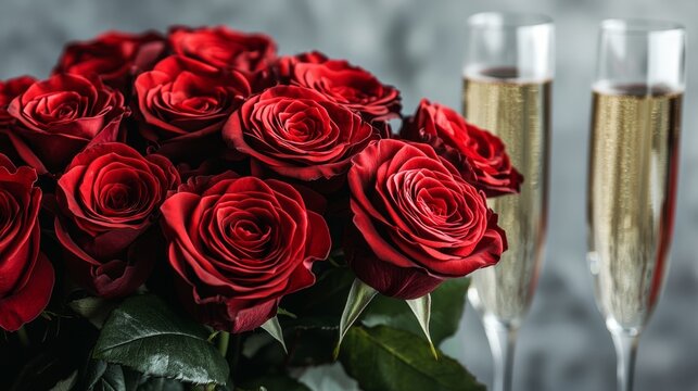 Romance valentine's day celebration attraction concept. Bouquet of red roses with champagne flutes in the background.