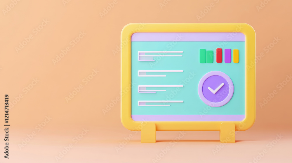 Poster a colorful digital dashboard with graphs and a checkmark, set against a soft orange background.