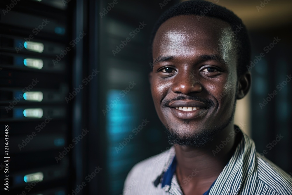 Poster a person showing happiness and satisfaction in front of a computer or server