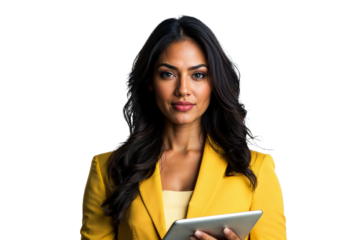 Confident woman in yellow blazer holding tablet.