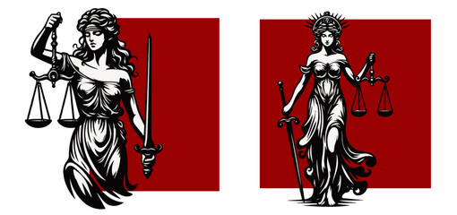 lady justice Themis with scales and sword in artistic silhouette design