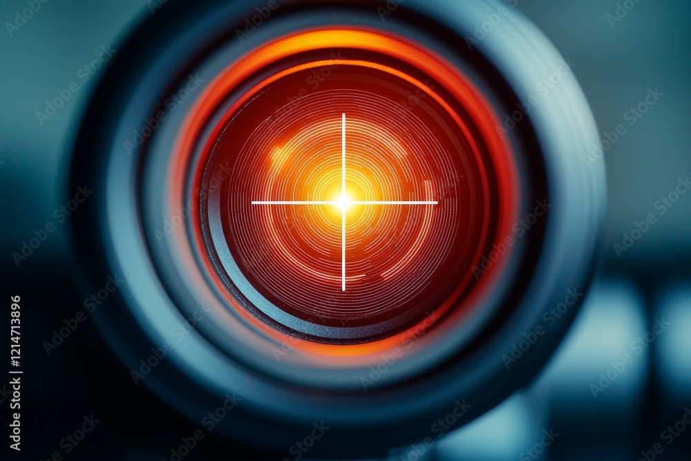 Poster precision task execution concept. close-up of a camera lens with an illuminated crosshair design.