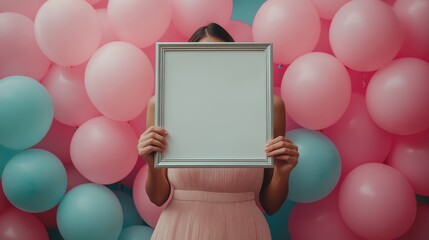Woman Holding Blank Frame Against Colorful Balloon Background for Creative Design and Art Concepts