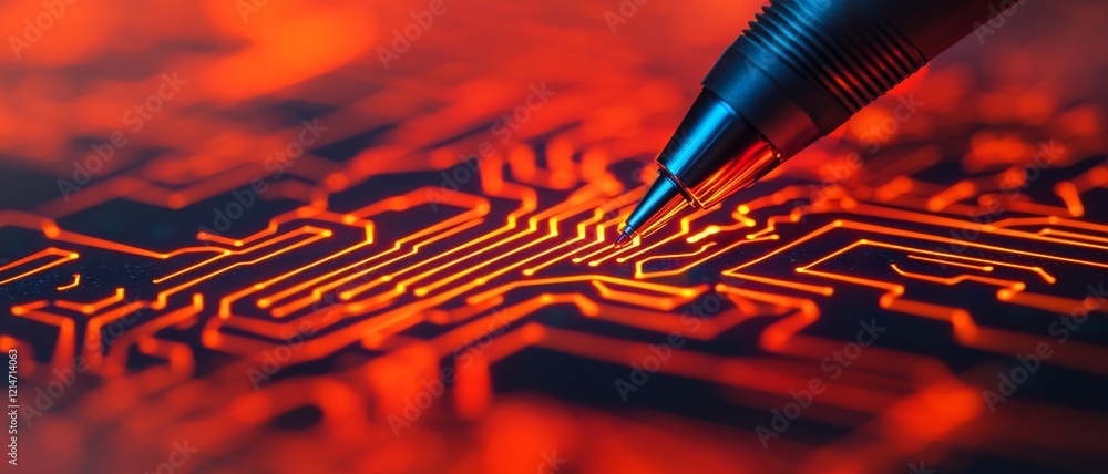 Poster precision task execution concept. close-up of a pen tracing intricate circuit patterns on a glowing 