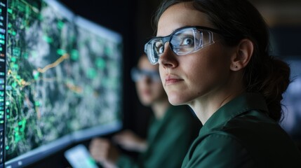 A team of environmental scientists analyzing data on climate change in a high-tech lab, interactive digital displays showcasing carbon emissions reduction plans, serious and focused expressions,