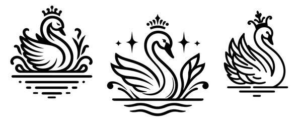 elegant swans with crowns in black silhouette design