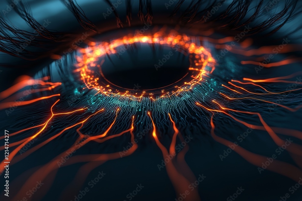 Poster vision agent systems concept. close-up of an eye with vibrant, glowing patterns and intricate detail