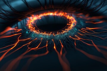 Vision agent systems concept. Close-up of an eye with vibrant, glowing patterns and intricate details.