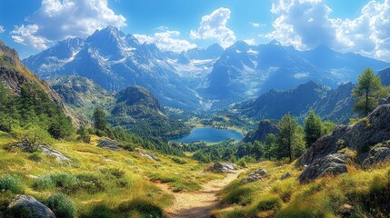 Fototapeta premium Path covered in snow leading through a forest with a mountain landscape