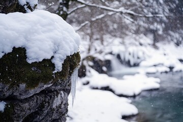A serene winter scene with a stream flowing through a snowy forest, perfect for outdoor and nature-themed projects