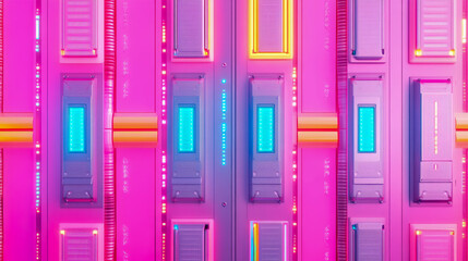 Futuristic Tech Panel: Neon Lights and Geometric Shapes in Pink and Purple