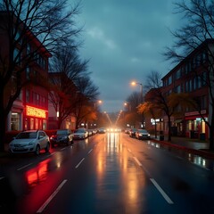 Fototapeta premium Ethereal Urban Autumn Moody Atmosphere and Neon Lights in Double Exposure